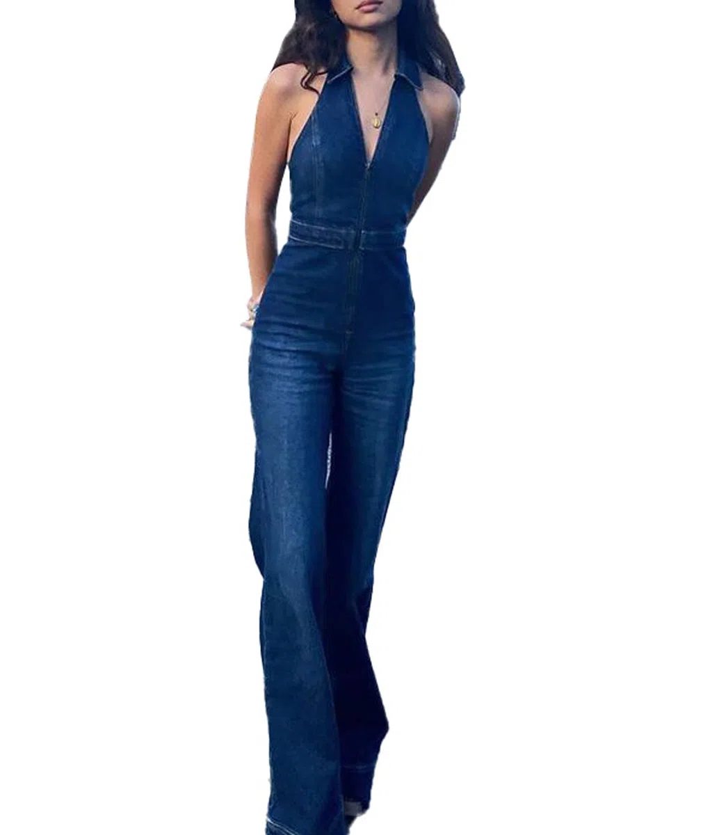 Seksowny kombinezon damski, bez rękawów, do klubu nocnego, denim, jednoczęściowy, rozciągliwy śpioszek z kieszenią (BE, XL), niebieski-2, XL