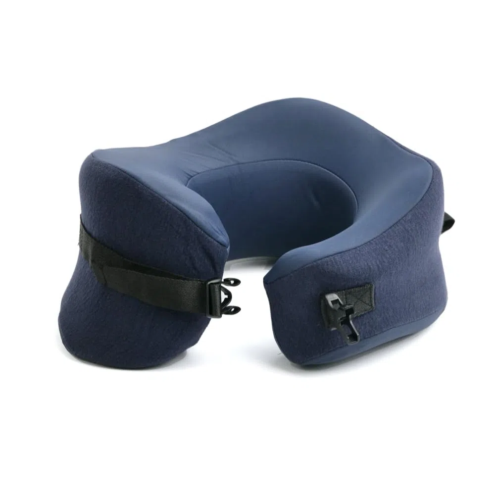 Poduszka podróżna Lab, nagradzana, opatentowana, ergonomiczna konstrukcja, pod brodę i szyję, poduszka pod kark, kompaktowa poduszka samolotowa, do podróży, lotu, samochodu (granatowa, duża)