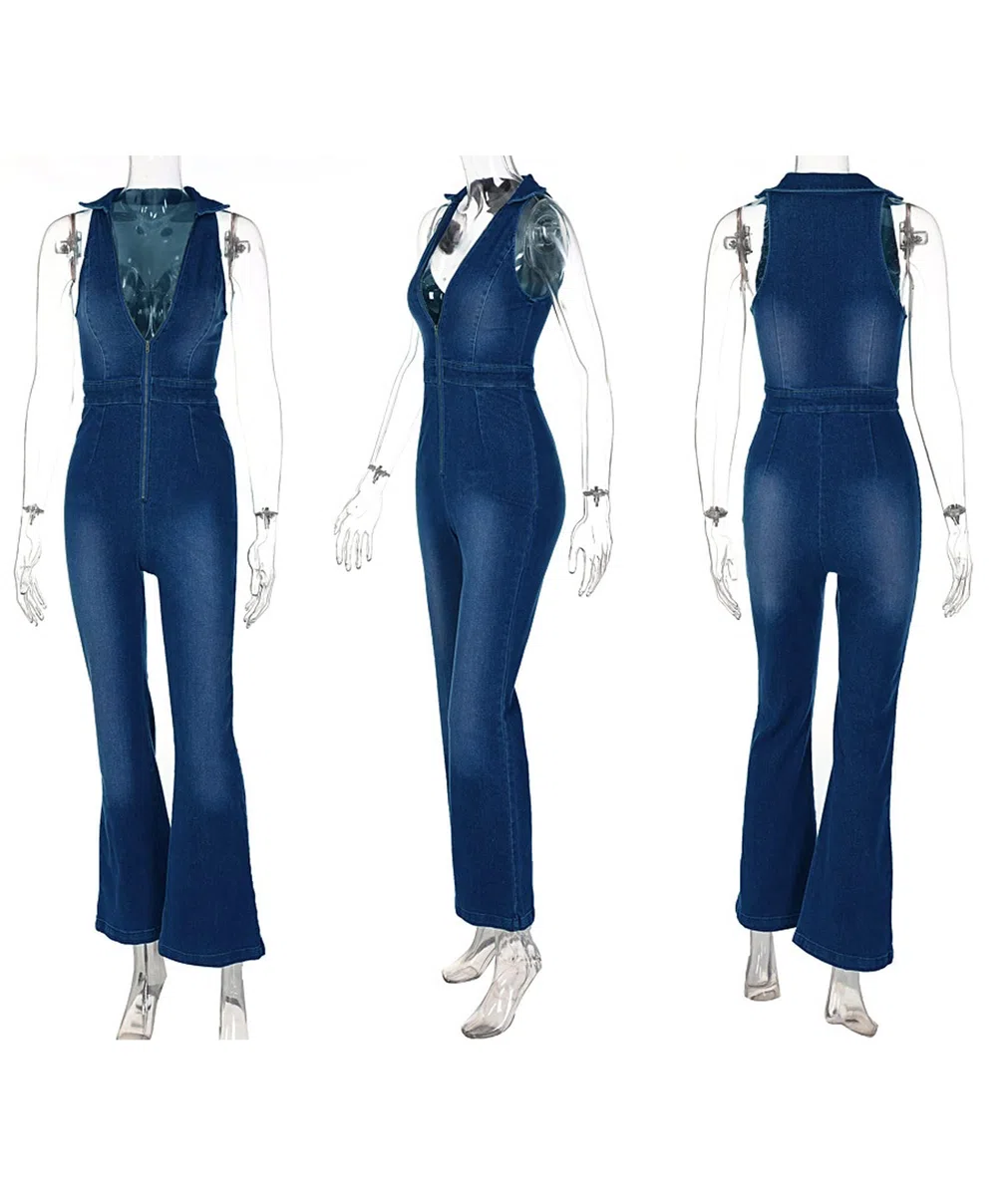 Seksowny kombinezon damski, bez rękawów, do klubu nocnego, denim, jednoczęściowy, rozciągliwy śpioszek z kieszenią (BE, XL), niebieski-2, XL