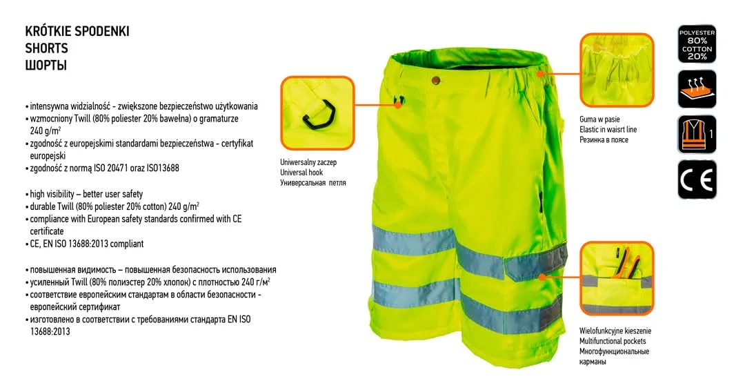 NEO TOOLS Szorty ostrzegawcze męskie rozm. S-XXL (żółty/pomarańczowy) | lub zestaw z koszulką i czapką | strefy odblaskowe, wysoka widoczność, kieszenie wielofunkcyjne