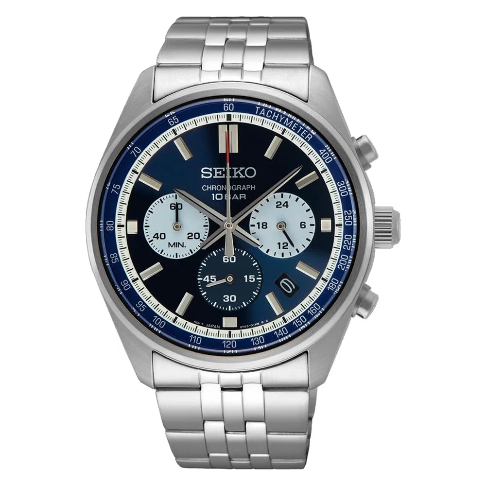 Seiko Męski zegarek analogowy z białą tarczą ze stali nierdzewnej, srebrny i niebieski, Nowoczesny