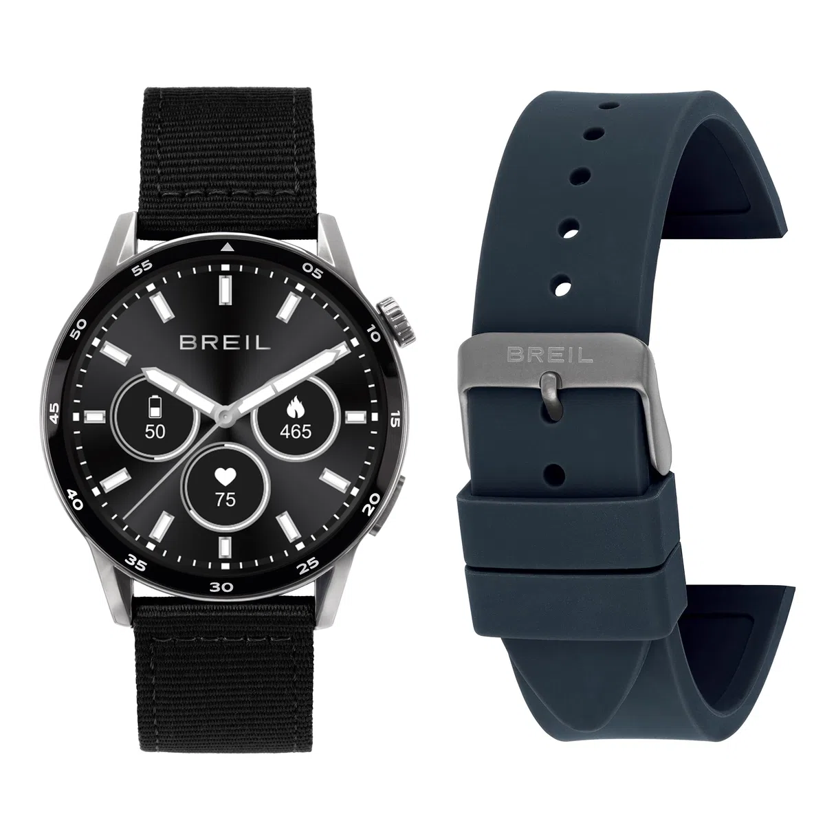 Breil TW2095 MĘSKI BC-2 Tarcza MONO-KOLOROWA CZARNY mechanizm SMARTWATCH SMARTWATCH i silikonowy pasek z NIEBIESKĄ TKANINĄ, CZARNY